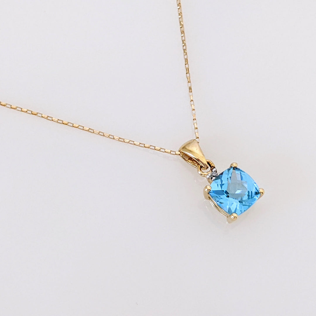 14K BLUE TOPAZ CUSHION CUT 6MM WITH MELEE ESTATE PENDANT & CHAIN 1.3 GRAMS