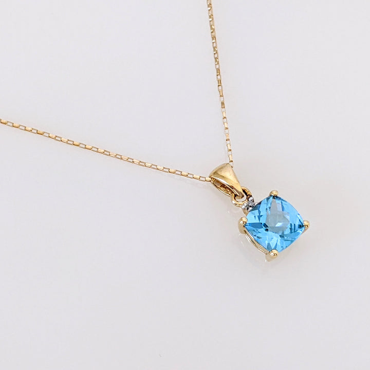 14K BLUE TOPAZ CUSHION CUT 6MM WITH MELEE ESTATE PENDANT & CHAIN 1.3 GRAMS