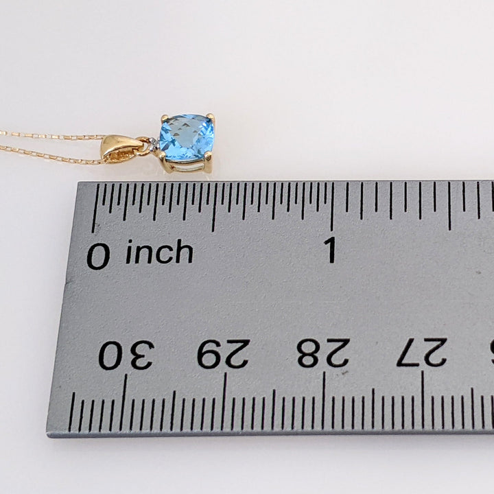 14K BLUE TOPAZ CUSHION CUT 6MM WITH MELEE ESTATE PENDANT & CHAIN 1.3 GRAMS