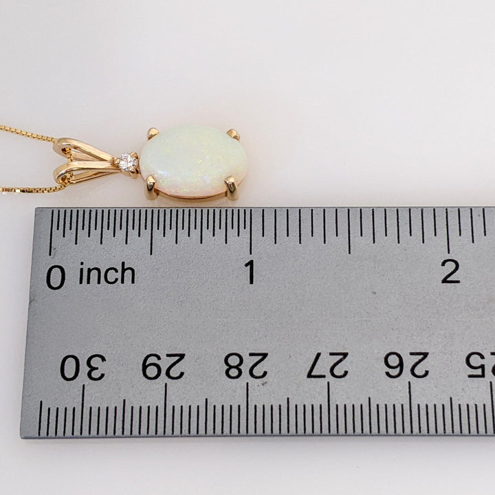 14K OPAL OVAL 10X14 WITH MELEE ESTATE PENDANT & CHAIN 4.3 GRAMS