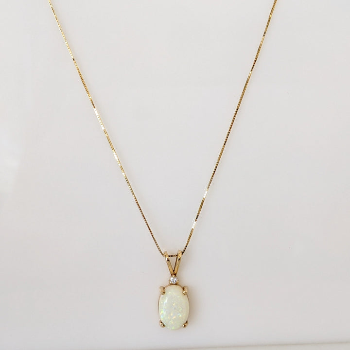 14K OPAL OVAL 10X14 WITH MELEE ESTATE PENDANT & CHAIN 4.3 GRAMS