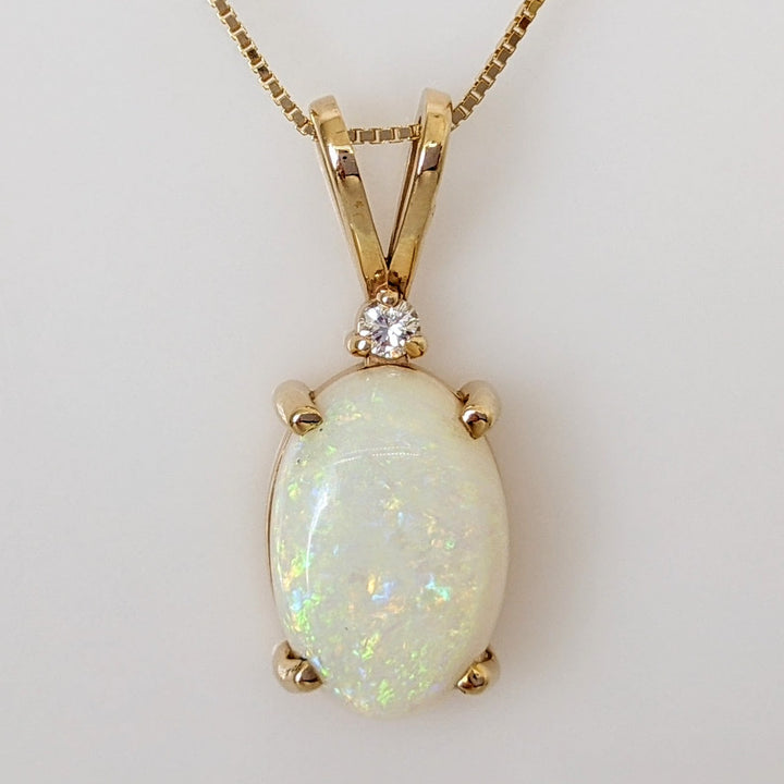14K OPAL OVAL 10X14 WITH MELEE ESTATE PENDANT & CHAIN 4.3 GRAMS