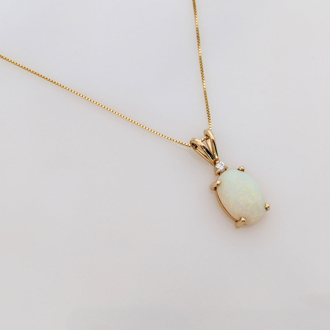 14K OPAL OVAL 10X14 WITH MELEE ESTATE PENDANT & CHAIN 4.3 GRAMS