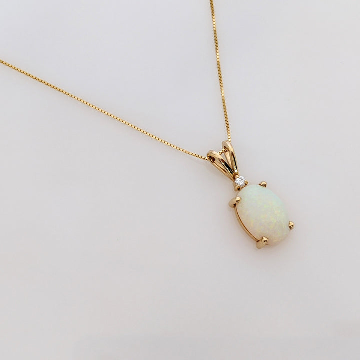 14K OPAL OVAL 10X14 WITH MELEE ESTATE PENDANT & CHAIN 4.3 GRAMS