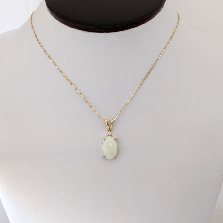 14K OPAL OVAL 10X14 WITH MELEE ESTATE PENDANT & CHAIN 4.3 GRAMS