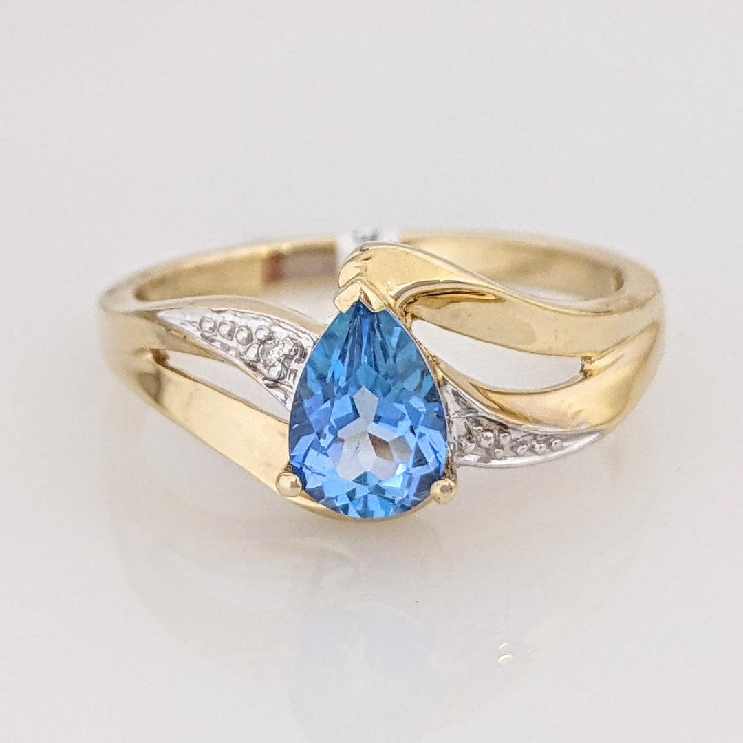 10K BLUE TOPAZ PEAR5X7 WITH MELEE SPLIT SHANK ESTATE RING 2.0 GRAMS