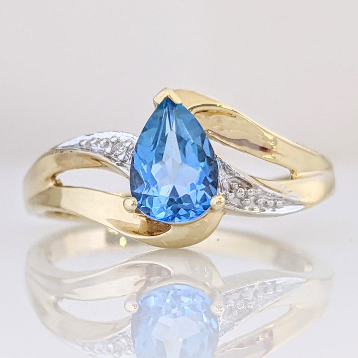 10K BLUE TOPAZ PEAR5X7 WITH MELEE SPLIT SHANK ESTATE RING 2.0 GRAMS