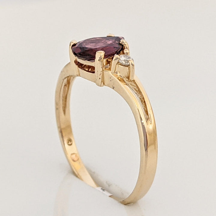 14K RHODOLITE GARNET PEAR 5X7 WITH (2) MELEE ESTATE RING 1.7 GRAMS
