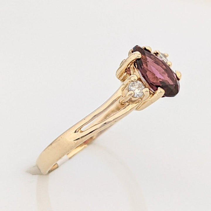 14K RHODOLITE GARNET PEAR 5X7 WITH (2) MELEE ESTATE RING 1.7 GRAMS