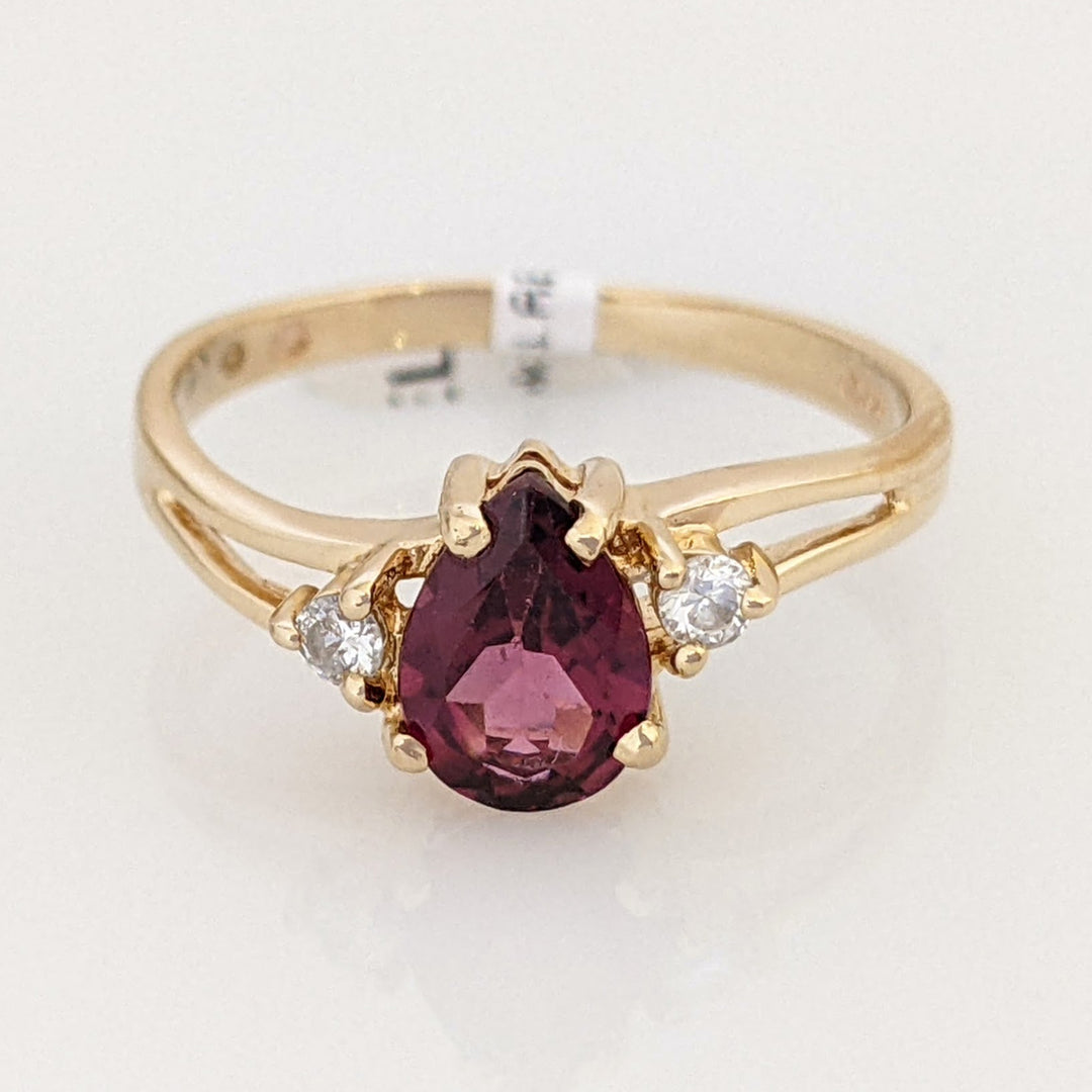 14K RHODOLITE GARNET PEAR 5X7 WITH (2) MELEE ESTATE RING 1.7 GRAMS