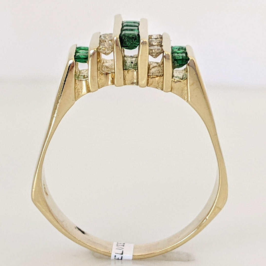 14K EMERALD PRINCESS CUT (10) 1.5-2MM WITH .18 DIAMOND TOTAL WEIGHT (6) ROUND ESTATE BAR RING 6.4 GRAMS