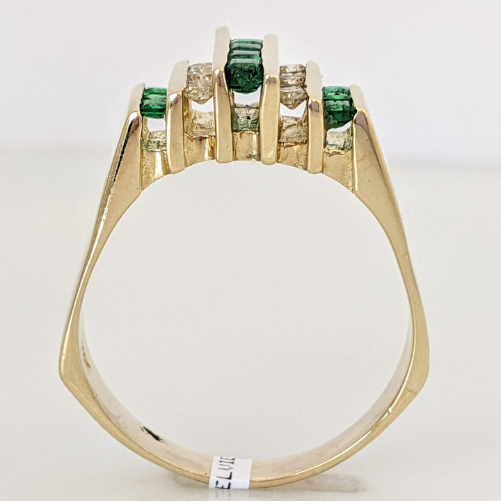 14K EMERALD PRINCESS CUT (10) 1.5-2MM WITH .18 DIAMOND TOTAL WEIGHT (6) ROUND ESTATE BAR RING 6.4 GRAMS