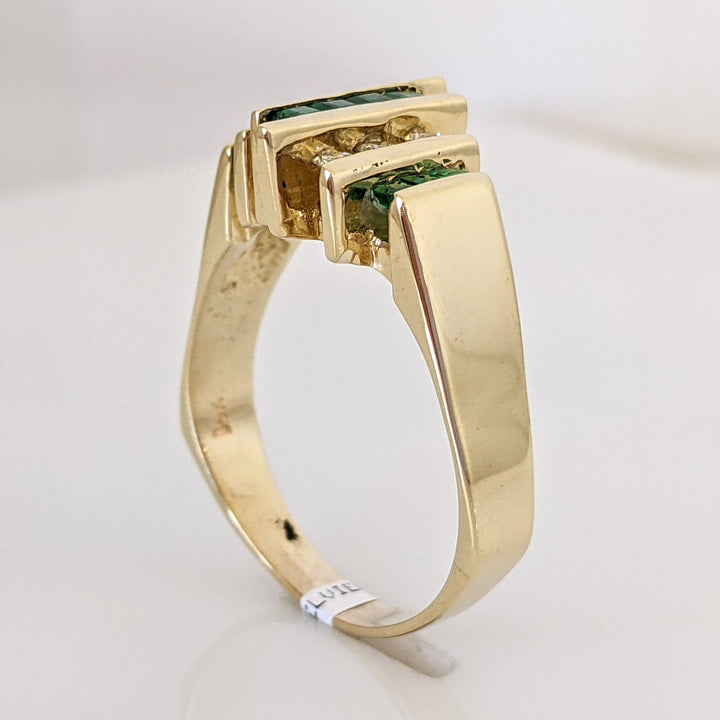 14K EMERALD PRINCESS CUT (10) 1.5-2MM WITH .18 DIAMOND TOTAL WEIGHT (6) ROUND ESTATE BAR RING 6.4 GRAMS