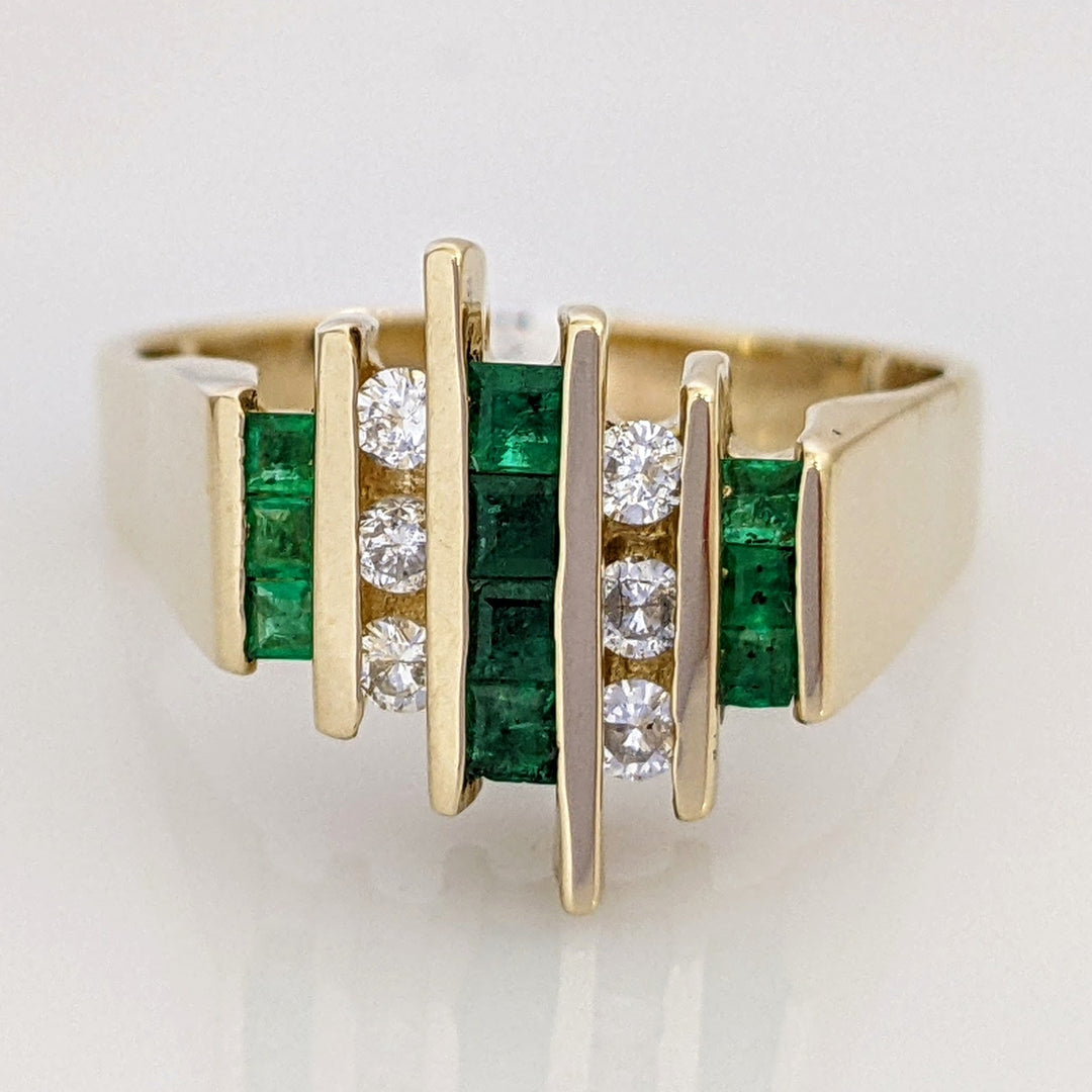 14K EMERALD PRINCESS CUT (10) 1.5-2MM WITH .18 DIAMOND TOTAL WEIGHT (6) ROUND ESTATE BAR RING 6.4 GRAMS