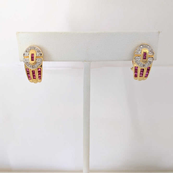 18K RUBY PRINCESS CUT (26) 1.5MM WITH MELEE OMEGA BACK ESTATE EARRINGS 6.7 GRAMS