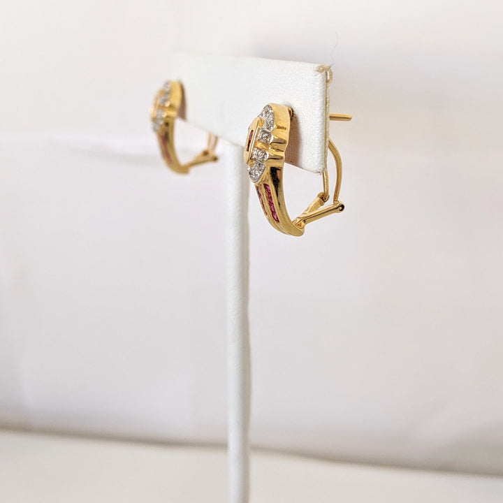 18K RUBY PRINCESS CUT (26) 1.5MM WITH MELEE OMEGA BACK ESTATE EARRINGS 6.7 GRAMS