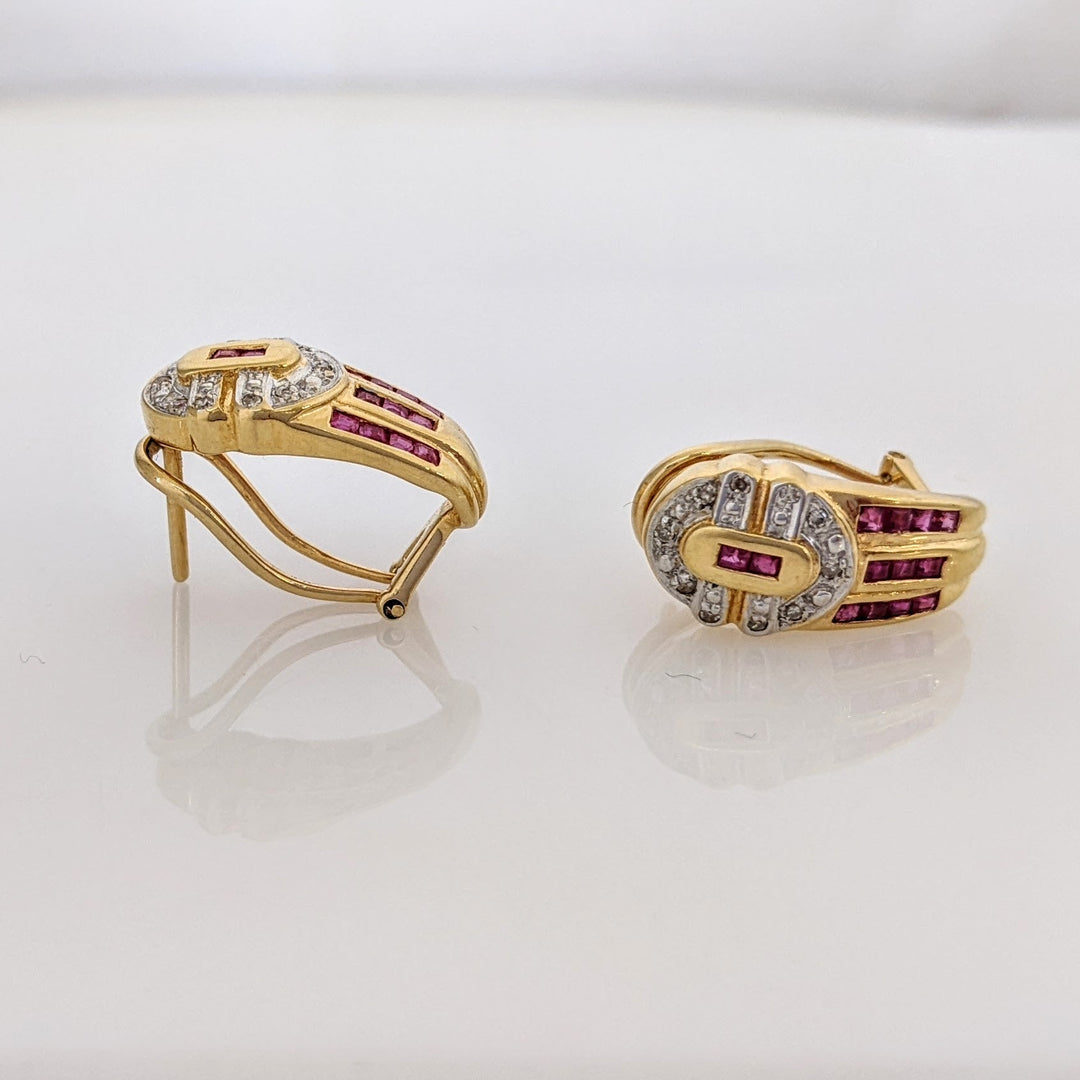 18K RUBY PRINCESS CUT (26) 1.5MM WITH MELEE OMEGA BACK ESTATE EARRINGS 6.7 GRAMS