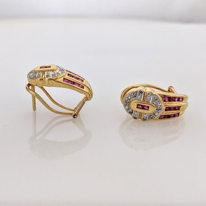 18K RUBY PRINCESS CUT (26) 1.5MM WITH MELEE OMEGA BACK ESTATE EARRINGS 6.7 GRAMS