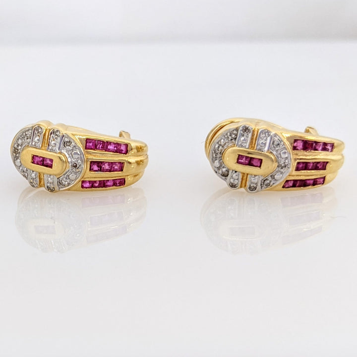 18K RUBY PRINCESS CUT (26) 1.5MM WITH MELEE OMEGA BACK ESTATE EARRINGS 6.7 GRAMS