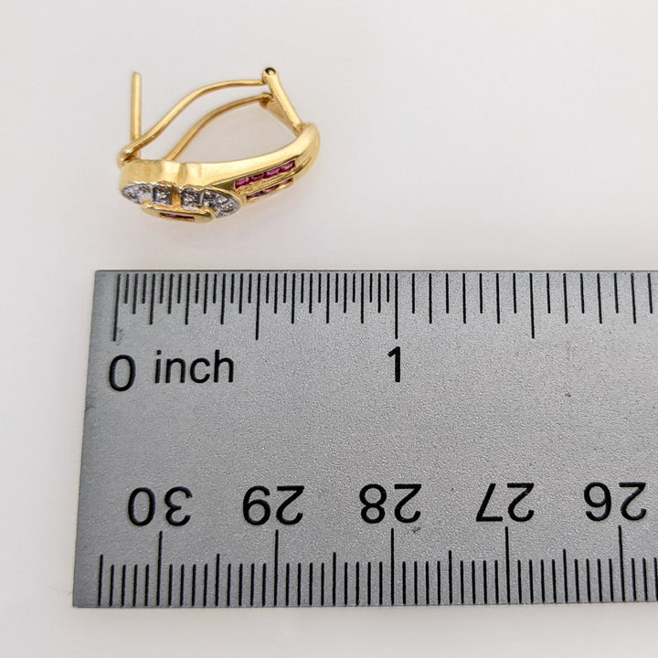 18K RUBY PRINCESS CUT (26) 1.5MM WITH MELEE OMEGA BACK ESTATE EARRINGS 6.7 GRAMS