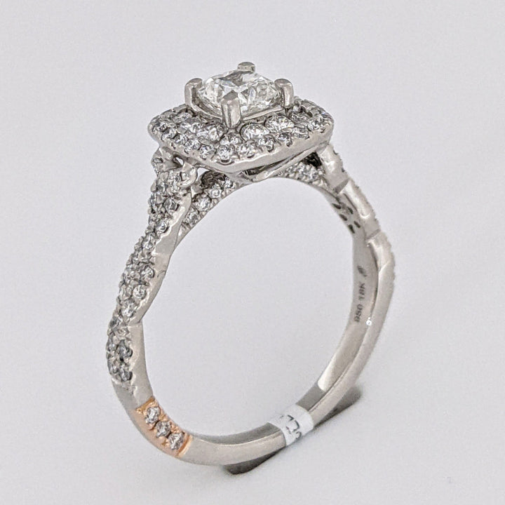 PLATINUM/18K 1.19 CARAT TOTAL WEIGHT SI1 G DIAMOND CUSHON CUT WITH (96) ROUND "PNINA" ESTATE RING 6. GRAMS