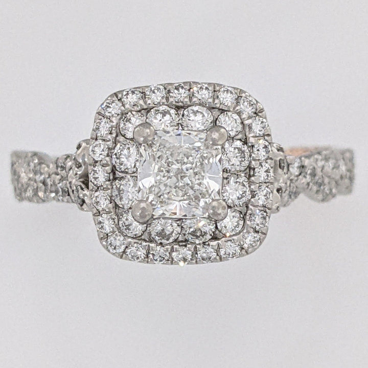 PLATINUM/18K 1.19 CARAT TOTAL WEIGHT SI1 G DIAMOND CUSHON CUT WITH (96) ROUND "PNINA" ESTATE RING 6. GRAMS