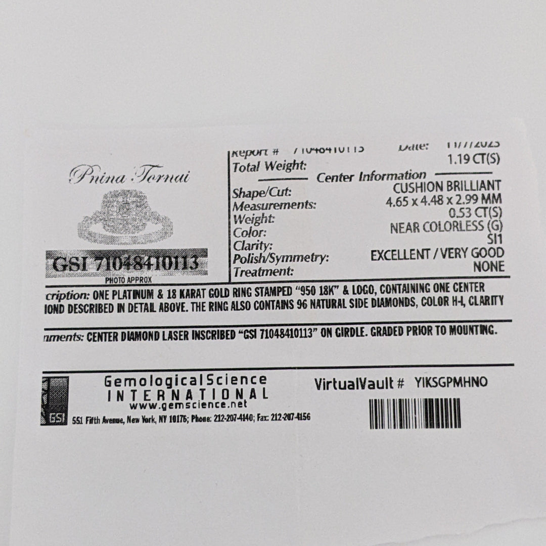PLATINUM/18K 1.19 CARAT TOTAL WEIGHT SI1 G DIAMOND CUSHON CUT WITH (96) ROUND "PNINA" ESTATE RING 6. GRAMS