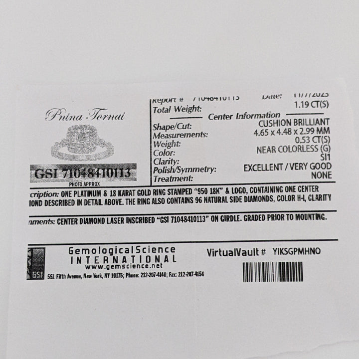 PLATINUM/18K 1.19 CARAT TOTAL WEIGHT SI1 G DIAMOND CUSHON CUT WITH (96) ROUND "PNINA" ESTATE RING 6. GRAMS