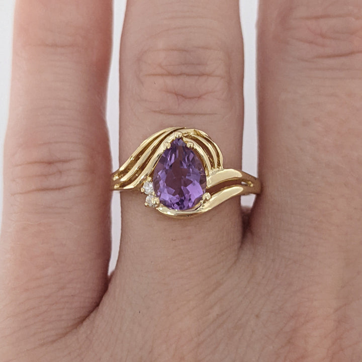 14K AMETHYST PEAR 6X8 WITH MELEE SWIRL TOP ESTATE RING 2.4 GRAMS