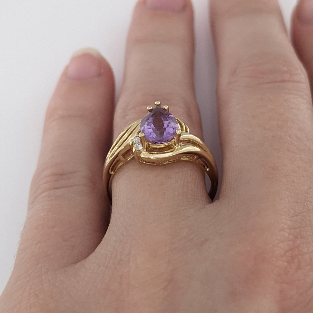 14K AMETHYST PEAR 6X8 WITH MELEE SWIRL TOP ESTATE RING 2.4 GRAMS