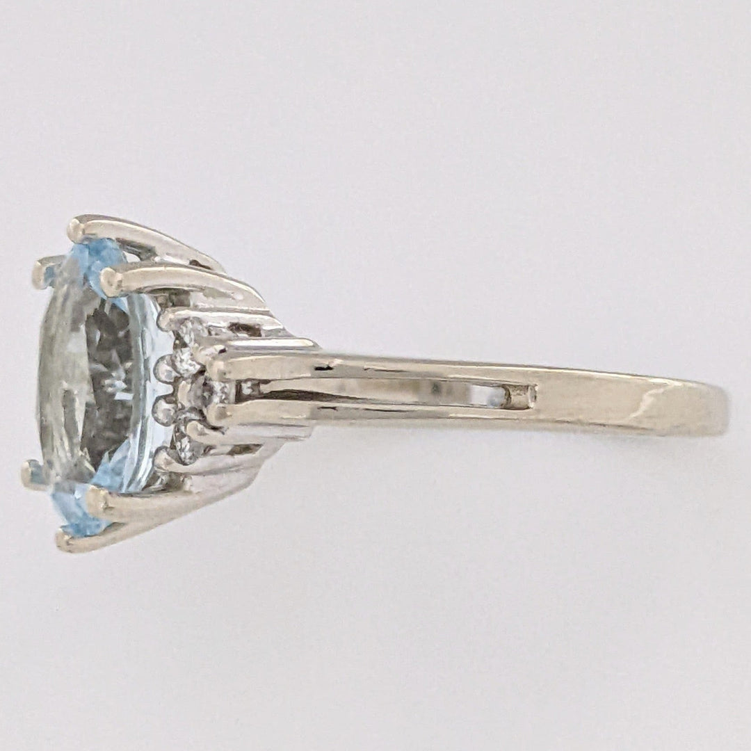14K WHITE AQUAMARINE "AA" OVAL 7X9 WITH .12 DIAMOND TOTAL WEIGHT ESTATE RING 3.0 GRAMS
