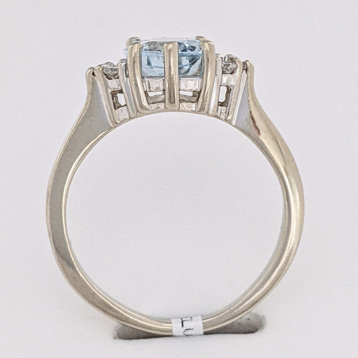14K WHITE AQUAMARINE "AA" OVAL 7X9 WITH .12 DIAMOND TOTAL WEIGHT ESTATE RING 3.0 GRAMS