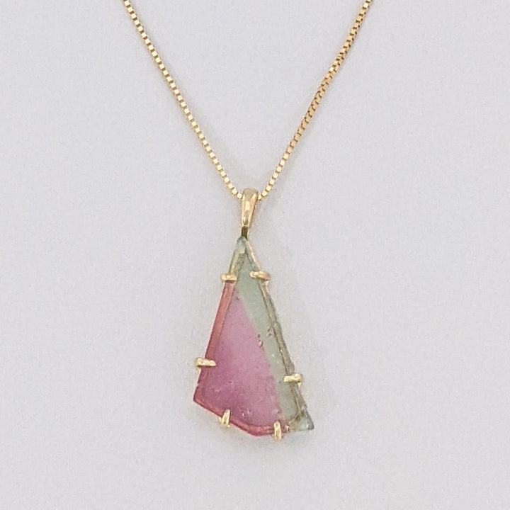 14K WATERMELON TOURMALINE SLICE 11X20 ESTATE PENDANT & CHAIN 3.5 GRAMS