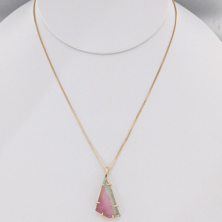 14K WATERMELON TOURMALINE SLICE 11X20 ESTATE PENDANT & CHAIN 3.5 GRAMS
