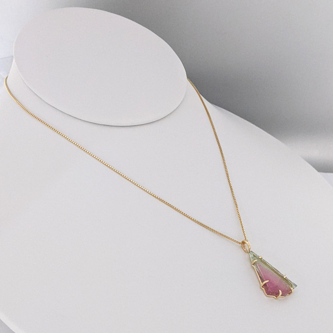 14K WATERMELON TOURMALINE SLICE 11X20 ESTATE PENDANT & CHAIN 3.5 GRAMS