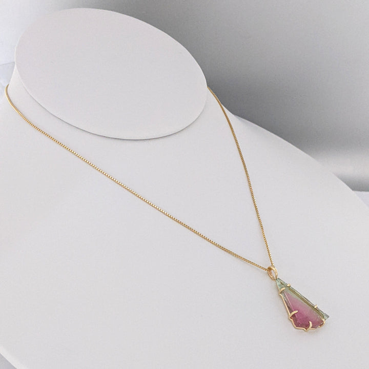14K WATERMELON TOURMALINE SLICE 11X20 ESTATE PENDANT & CHAIN 3.5 GRAMS