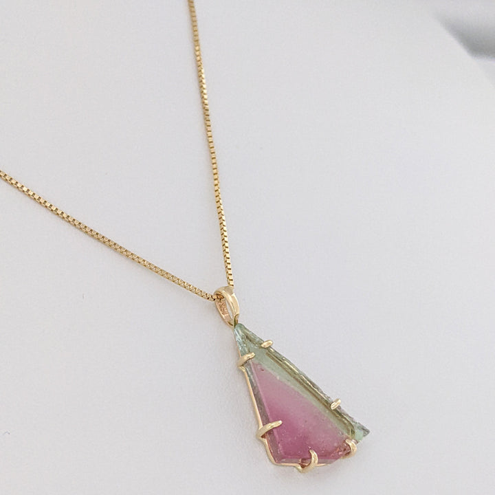14K WATERMELON TOURMALINE SLICE 11X20 ESTATE PENDANT & CHAIN 3.5 GRAMS