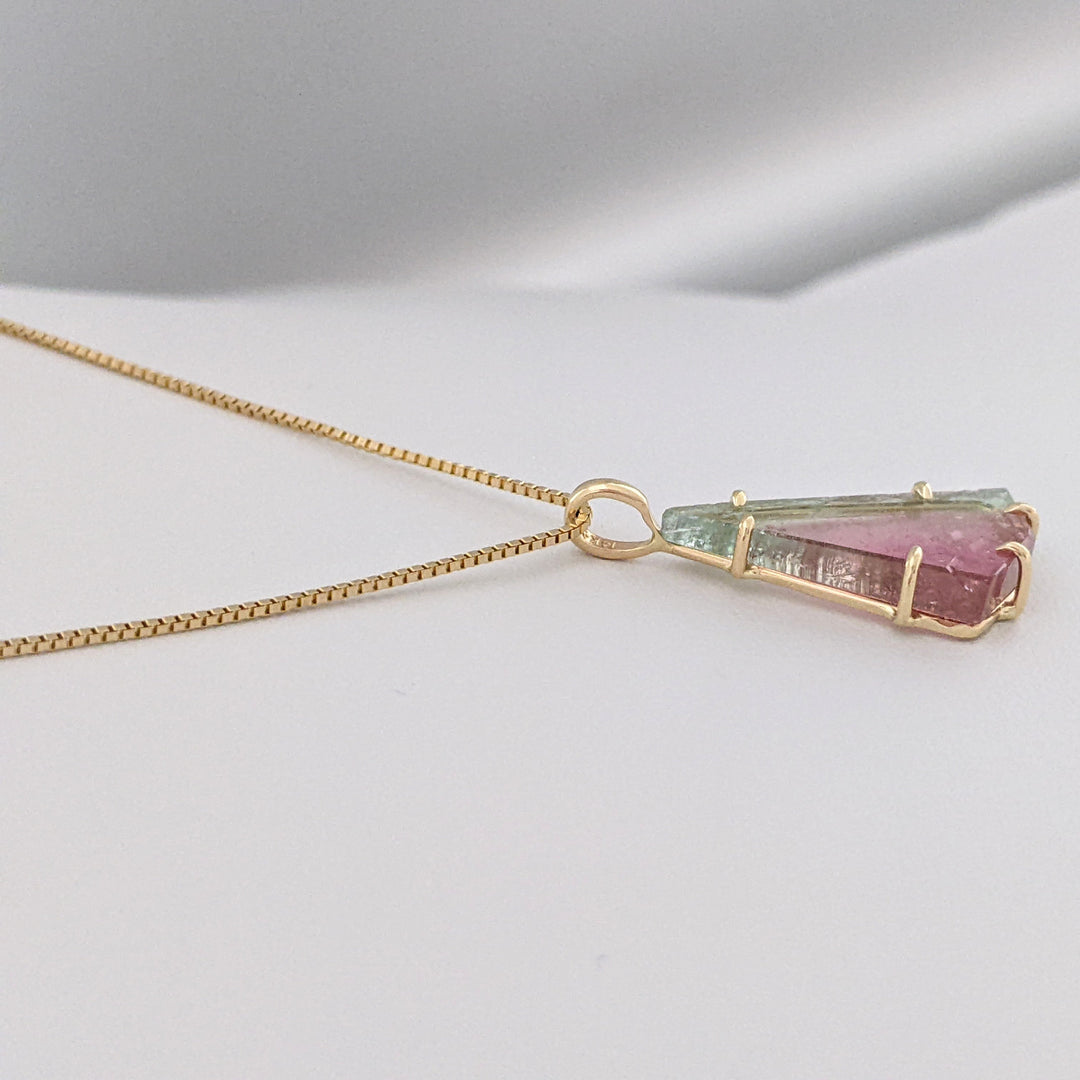 14K WATERMELON TOURMALINE SLICE 11X20 ESTATE PENDANT & CHAIN 3.5 GRAMS