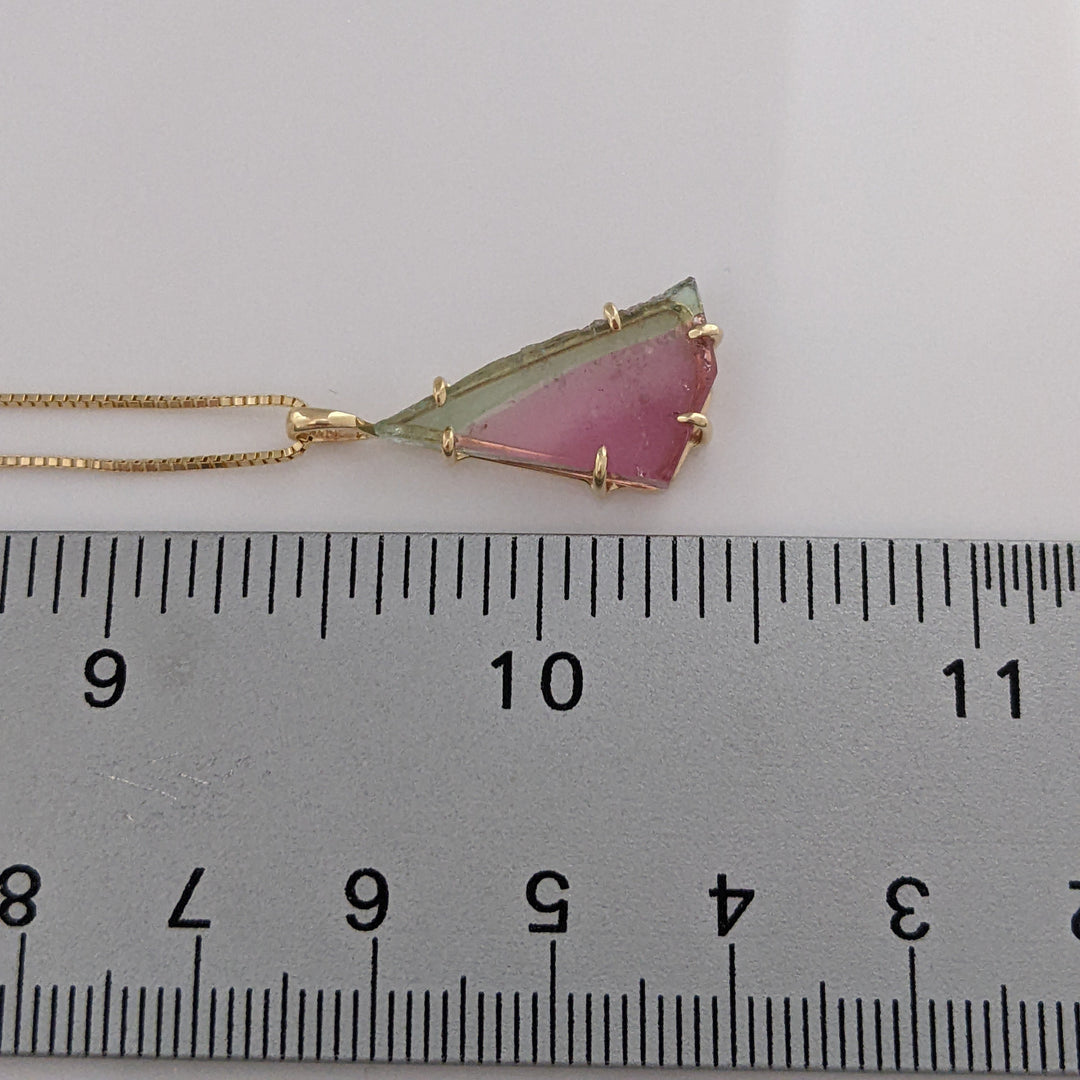 14K WATERMELON TOURMALINE SLICE 11X20 ESTATE PENDANT & CHAIN 3.5 GRAMS