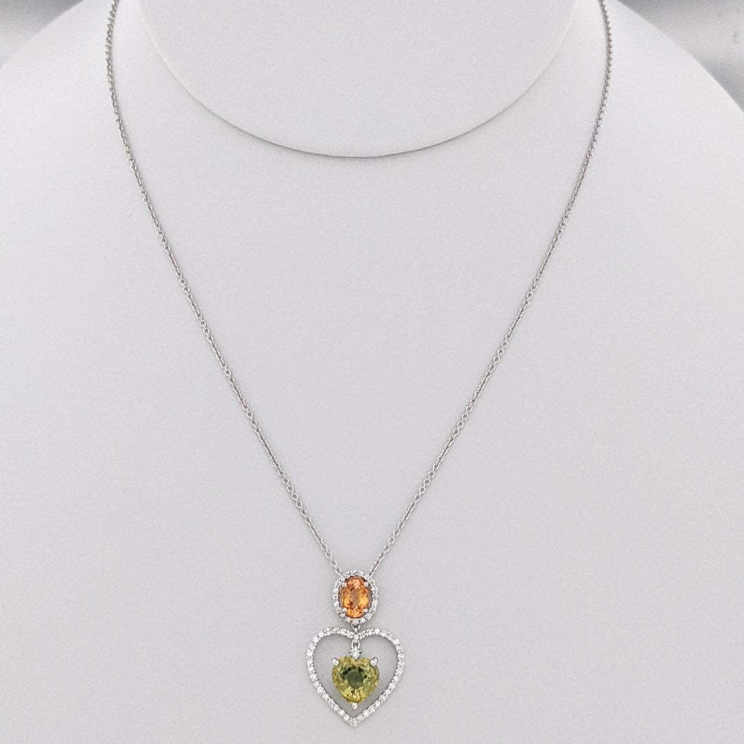 18K WHITE ORANGE OVAL/GREEN HEART SAPPHIRE WITH MELEE DANGLE ESTATE PENDANT & CHAIN 3.5 GRAMS
