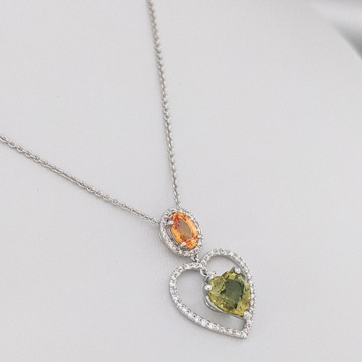 18K WHITE ORANGE OVAL/GREEN HEART SAPPHIRE WITH MELEE DANGLE ESTATE PENDANT & CHAIN 3.5 GRAMS