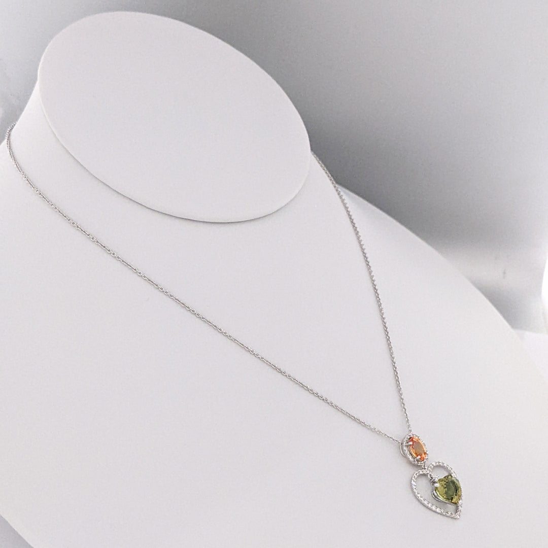18K WHITE ORANGE OVAL/GREEN HEART SAPPHIRE WITH MELEE DANGLE ESTATE PENDANT & CHAIN 3.5 GRAMS