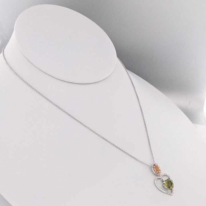 18K WHITE ORANGE OVAL/GREEN HEART SAPPHIRE WITH MELEE DANGLE ESTATE PENDANT & CHAIN 3.5 GRAMS