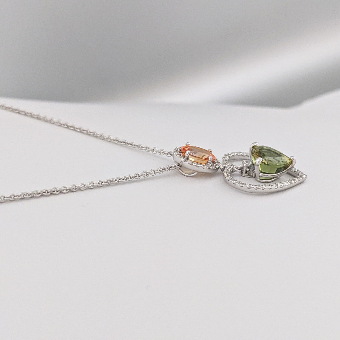 18K WHITE ORANGE OVAL/GREEN HEART SAPPHIRE WITH MELEE DANGLE ESTATE PENDANT & CHAIN 3.5 GRAMS