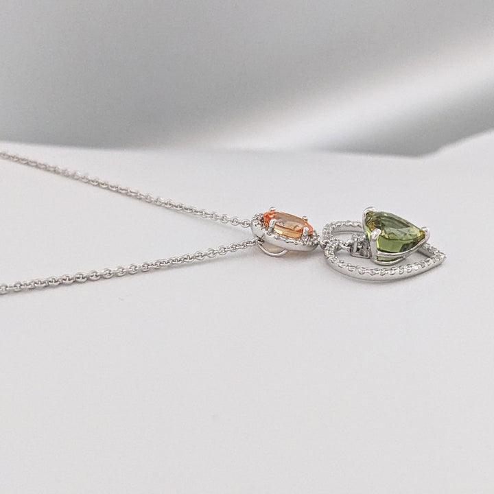 18K WHITE ORANGE OVAL/GREEN HEART SAPPHIRE WITH MELEE DANGLE ESTATE PENDANT & CHAIN 3.5 GRAMS