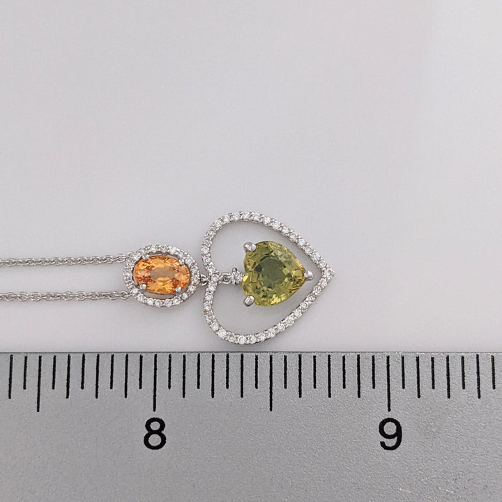 18K WHITE ORANGE OVAL/GREEN HEART SAPPHIRE WITH MELEE DANGLE ESTATE PENDANT & CHAIN 3.5 GRAMS