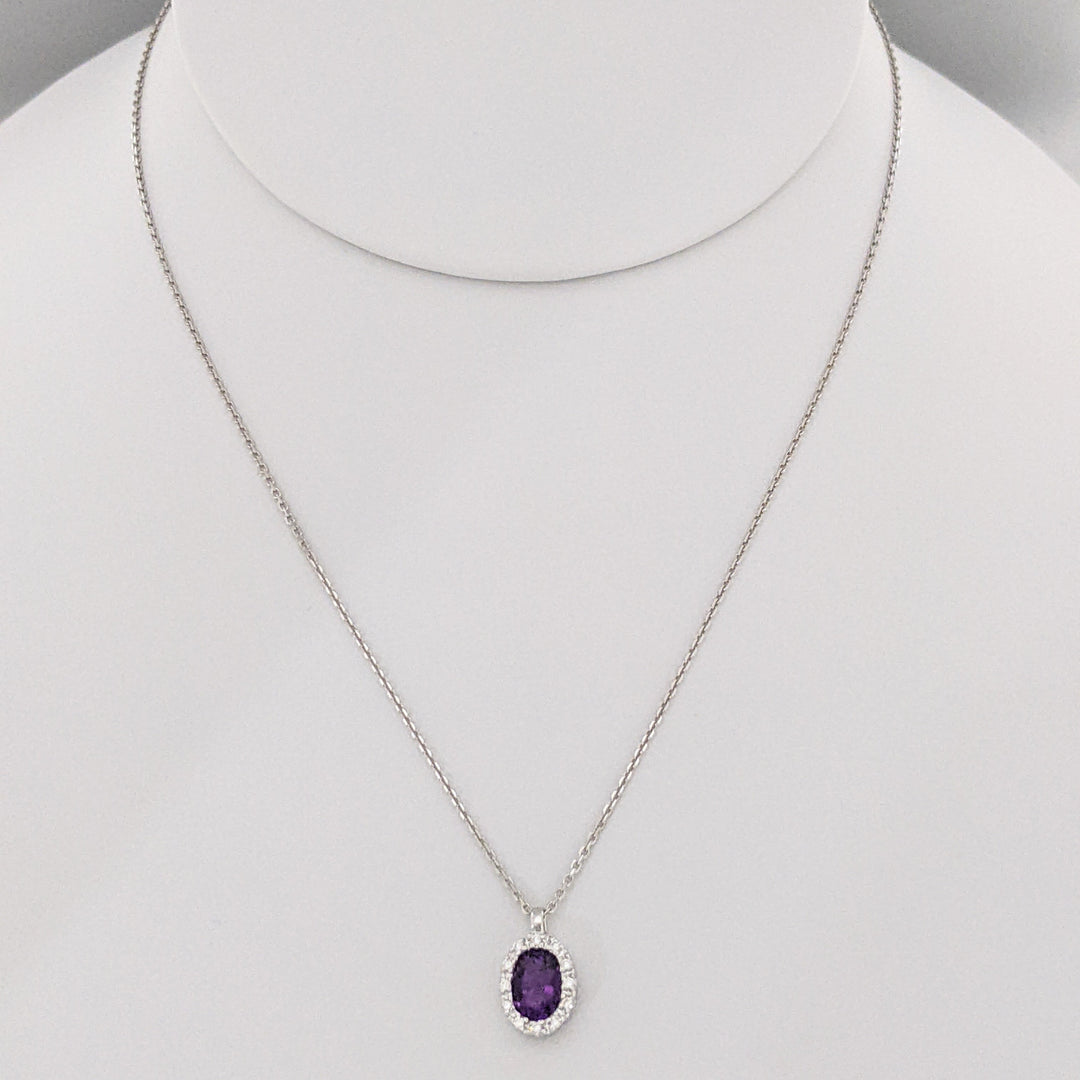 14K WHITE AMETHYST OVAL 5X7 WITH MELEE ESTATE HALO PENDANT & CHAIN 2.4 GRAMS