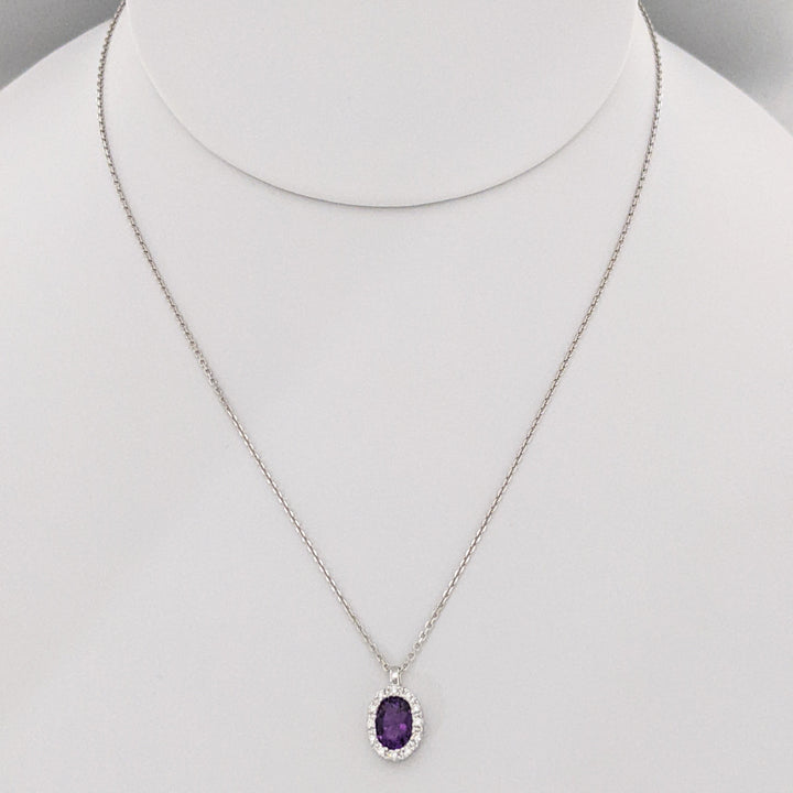14K WHITE AMETHYST OVAL 5X7 WITH MELEE ESTATE HALO PENDANT & CHAIN 2.4 GRAMS