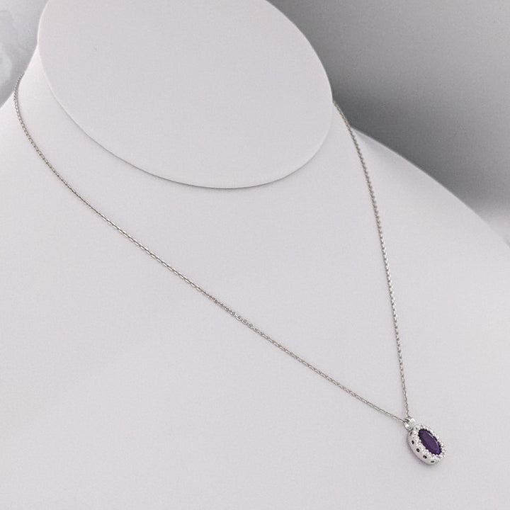 14K WHITE AMETHYST OVAL 5X7 WITH MELEE ESTATE HALO PENDANT & CHAIN 2.4 GRAMS
