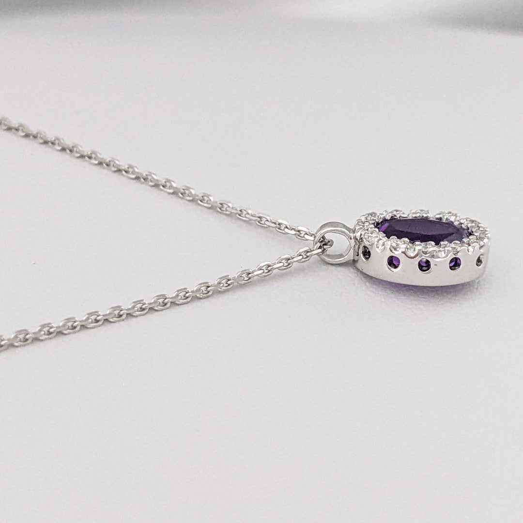 14K WHITE AMETHYST OVAL 5X7 WITH MELEE ESTATE HALO PENDANT & CHAIN 2.4 GRAMS